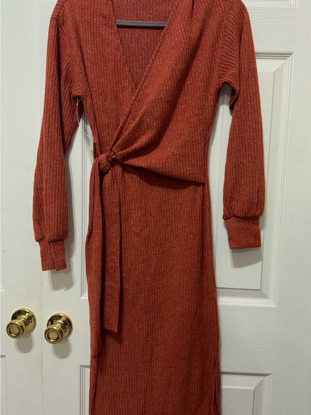 Wrap-Front Long Sleeve Knit Dress - Rust